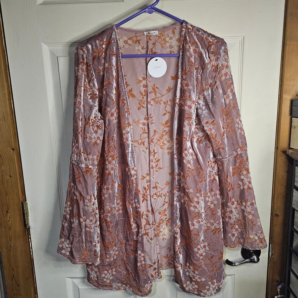 En Creme Crushed Velvet Pink Orange Kimono Cardigan Flare Sleeve Women's S - NEW